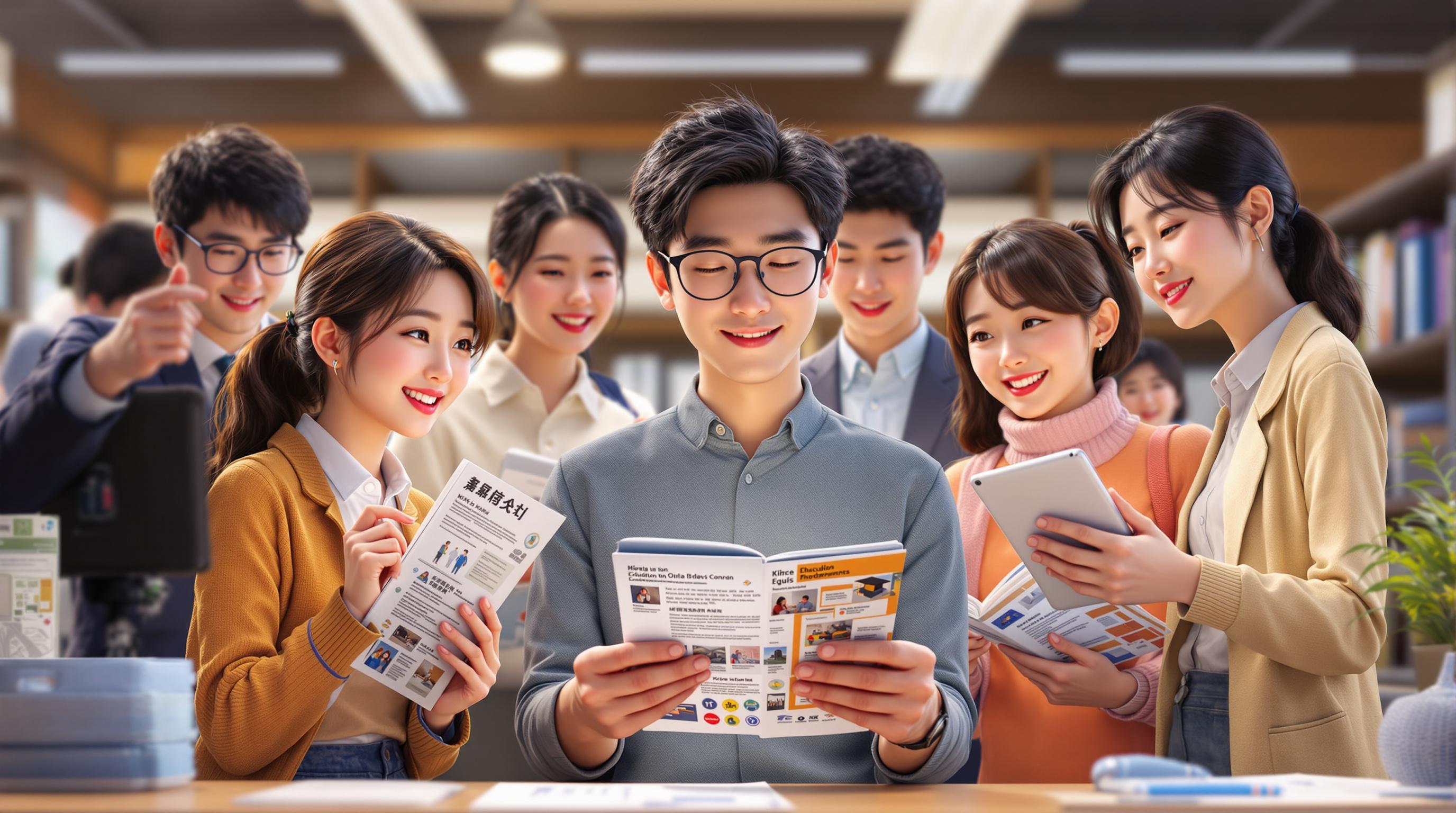 다양한 직종의 성인들이 사무실에서 교육 기회를 탐색하며 정보지를 보는 장면