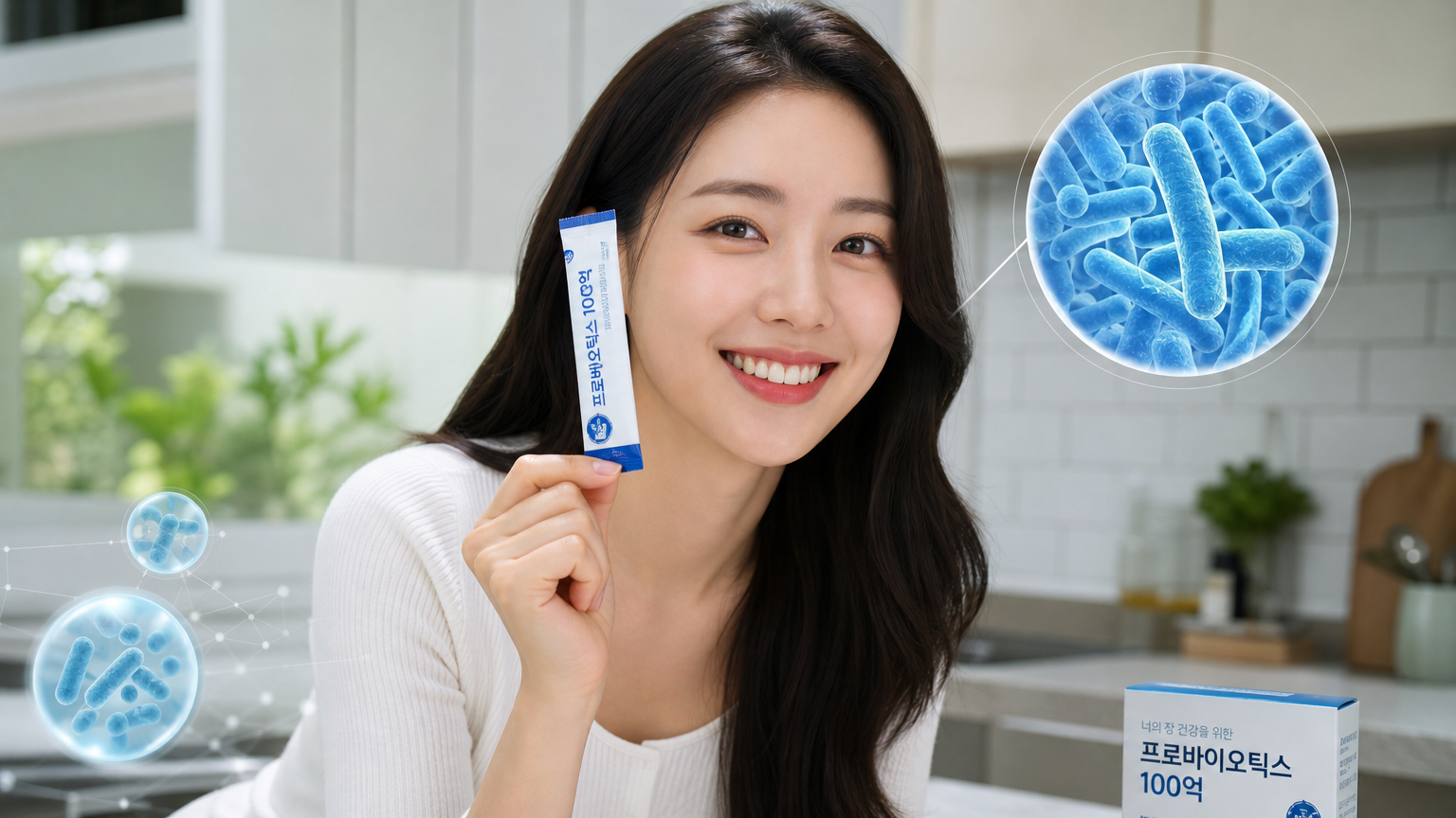 현대적인 주방에서 프로바이오틱스를 들고 있는 젊은 여성을 근접 촬영한 모습