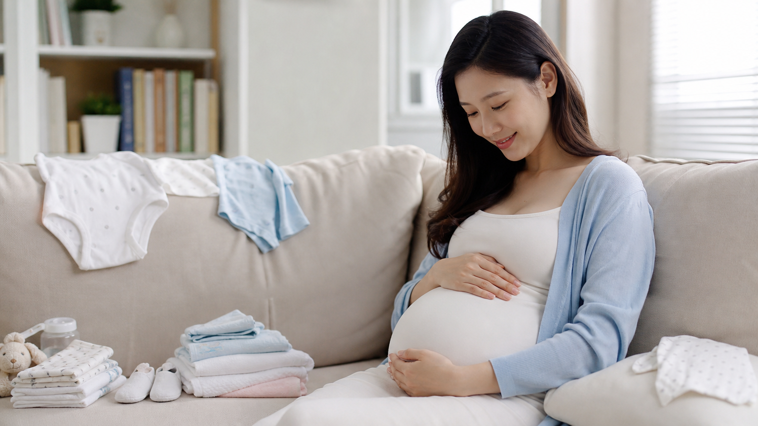 소파에 앉아 배를 어루만지는 임산부와 주변에 놓인 아기 옷들
