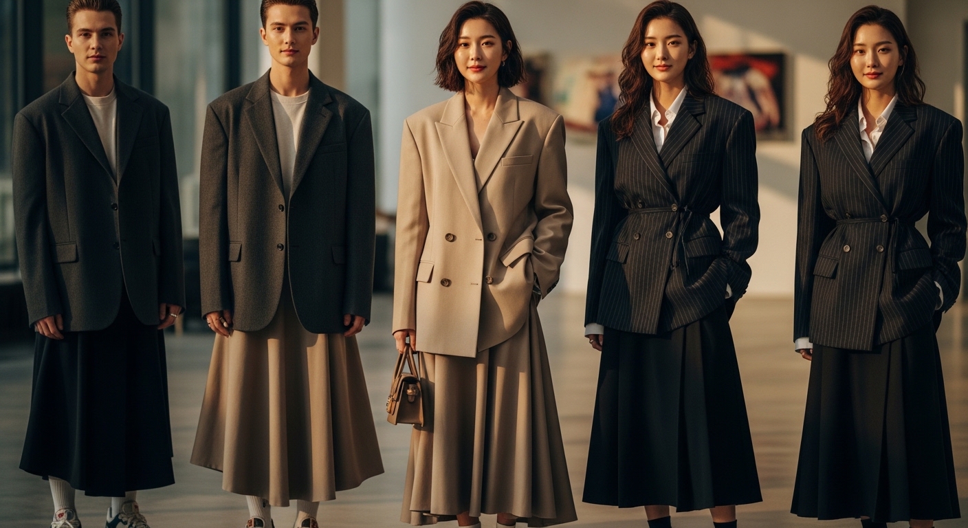 오버사이즈 블레이저와 와이드 팬츠를 착용하고 있는 한국인들의 세련된 모습