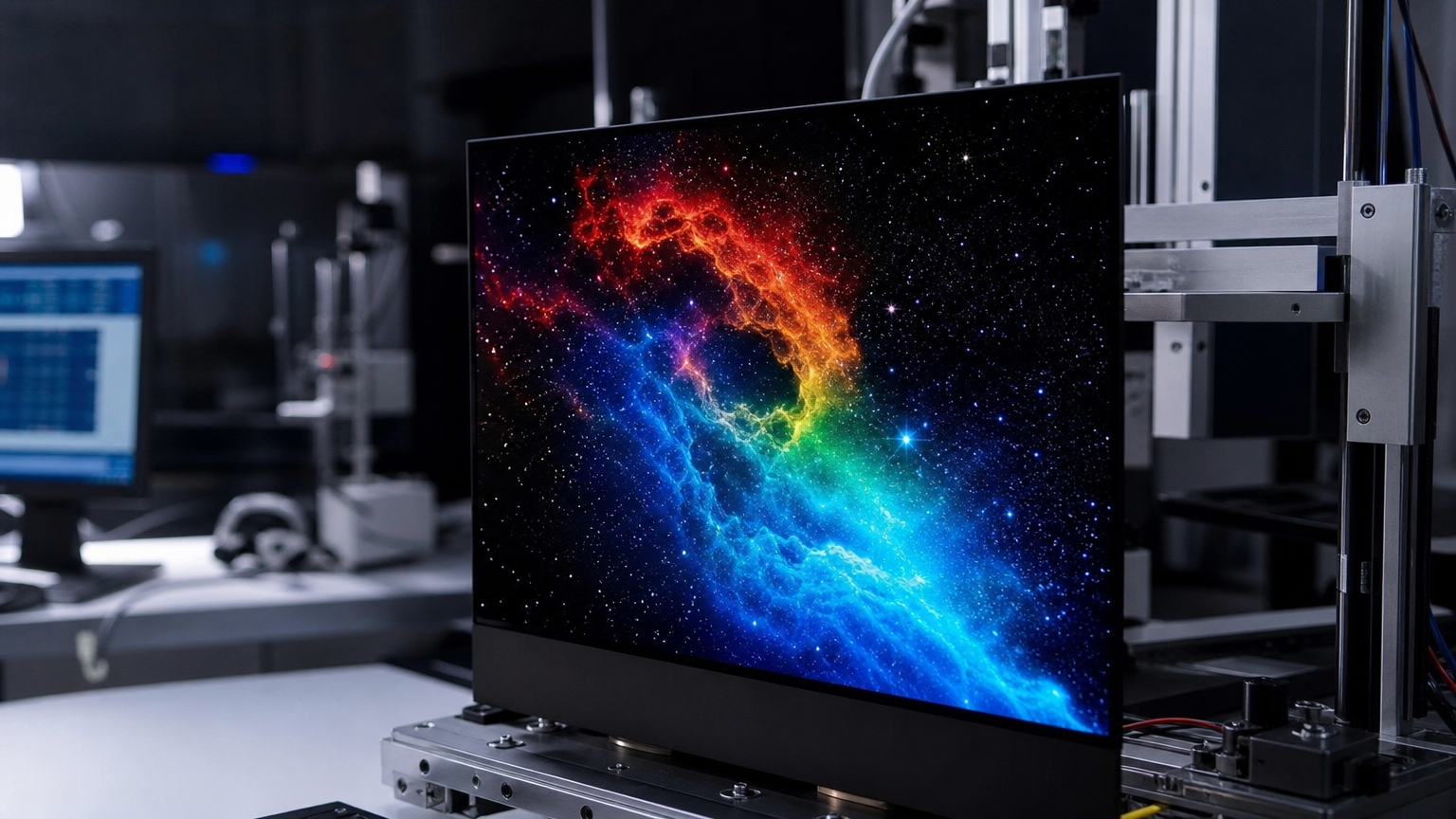실험실 환경에서 선명한 색상과 깊은 블랙을 구현하는 최첨단 QD-OLED 패널 클로즈업