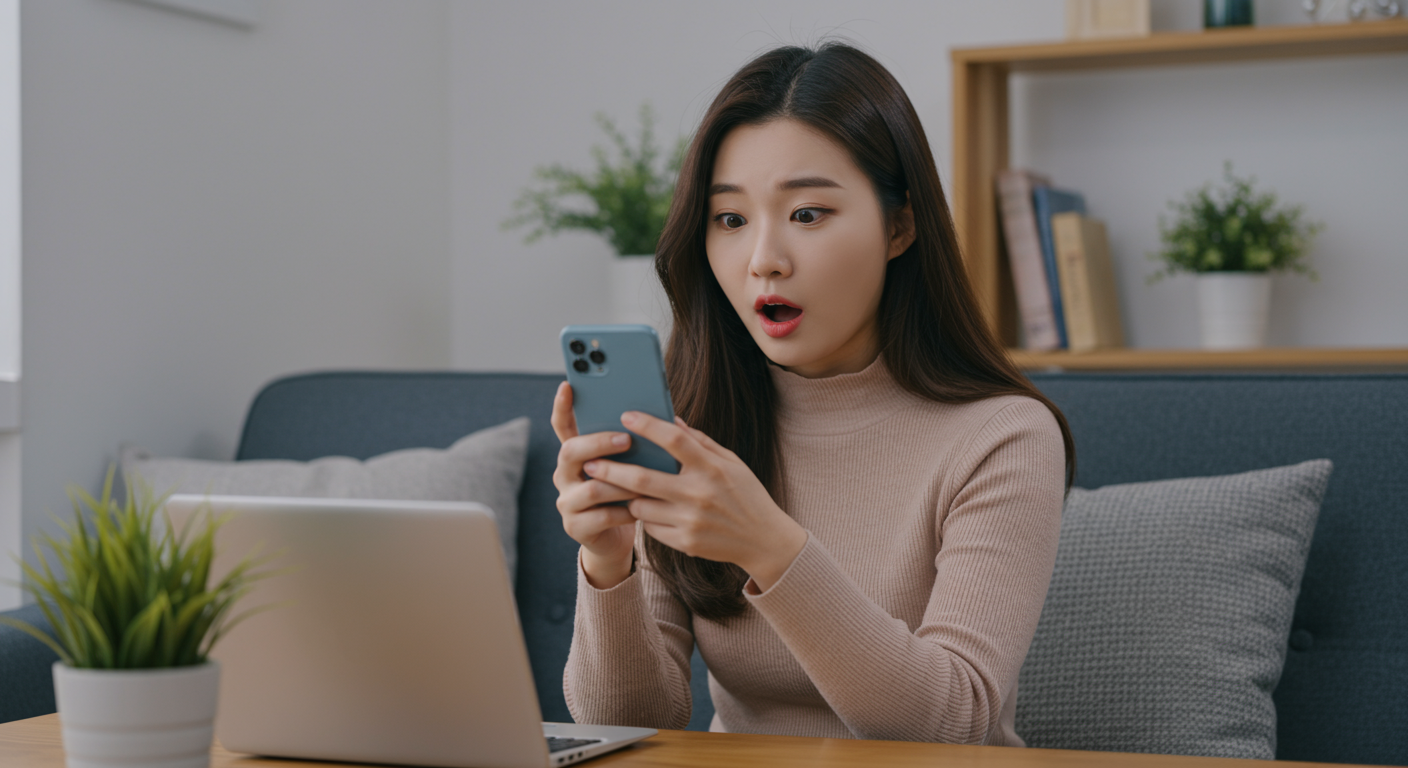 20대 여성이 스마트폰 화면을 보며 연예인과 사진 찍는 꿈에 대해 생각하는 장면