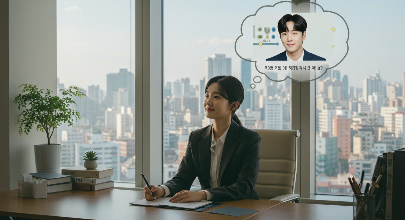 직장인이 좋은 소식을 듣고 유명인을 만나는 상상을 하는 모습