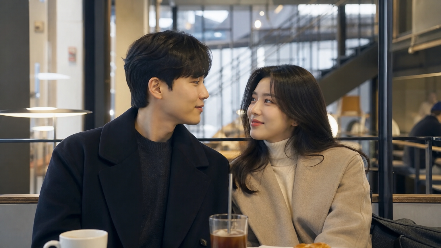 현대적인 카페에서 다정하게 앉아 있는 한국 커플