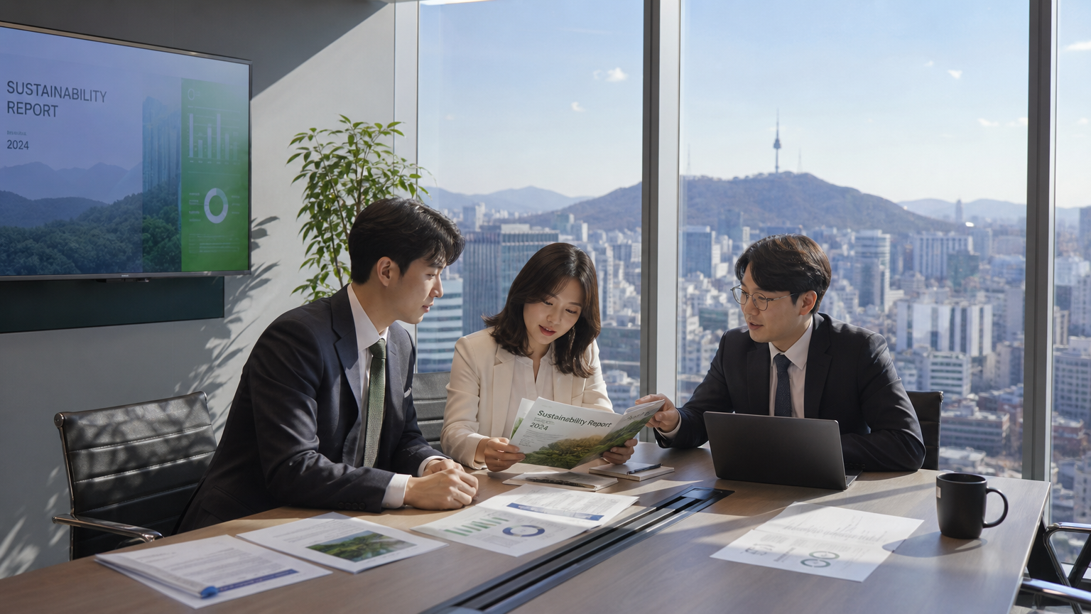 현대적인 사무실에서 서울 스카이라인을 배경으로 지속가능경영 보고서를 검토하는 전문적인 모습