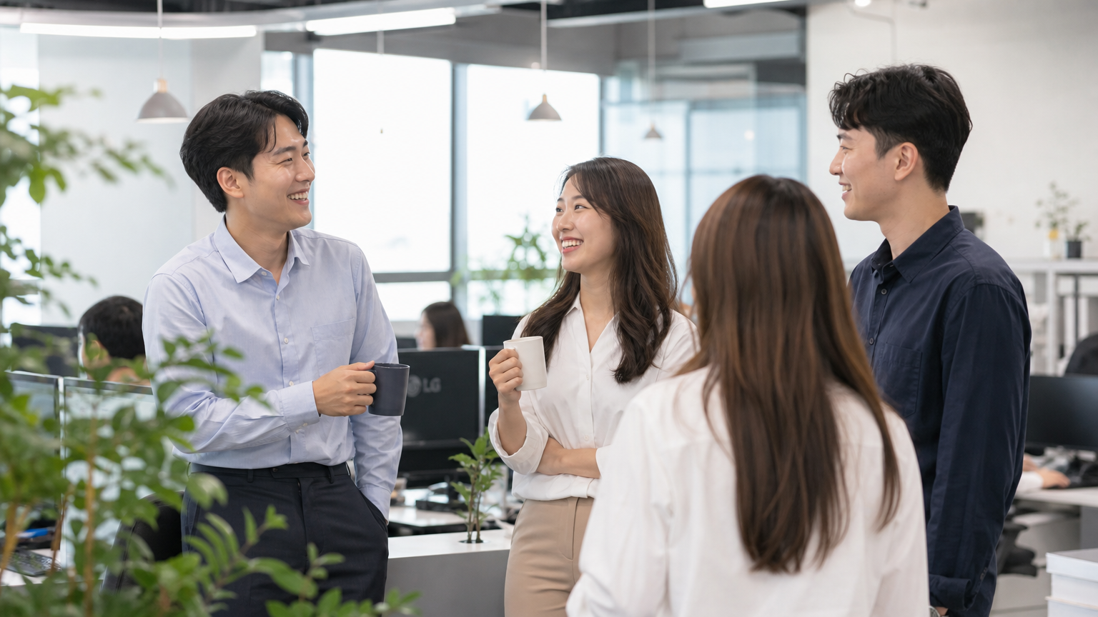 개방형 사무실에서 휴식 시간을 즐기는 한국 직원들의 미소 짓는 모습과 자연 채광 및 실내 식물이 있는 현대적 작업 공간