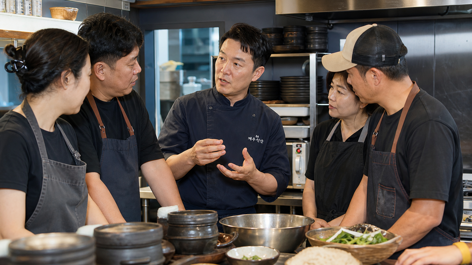 제주도 주방 환경에서 작은 식당 주인들에게 전통 요리 기술을 가르치는 한국 셰프의 따뜻하고 지원적인 분위기
