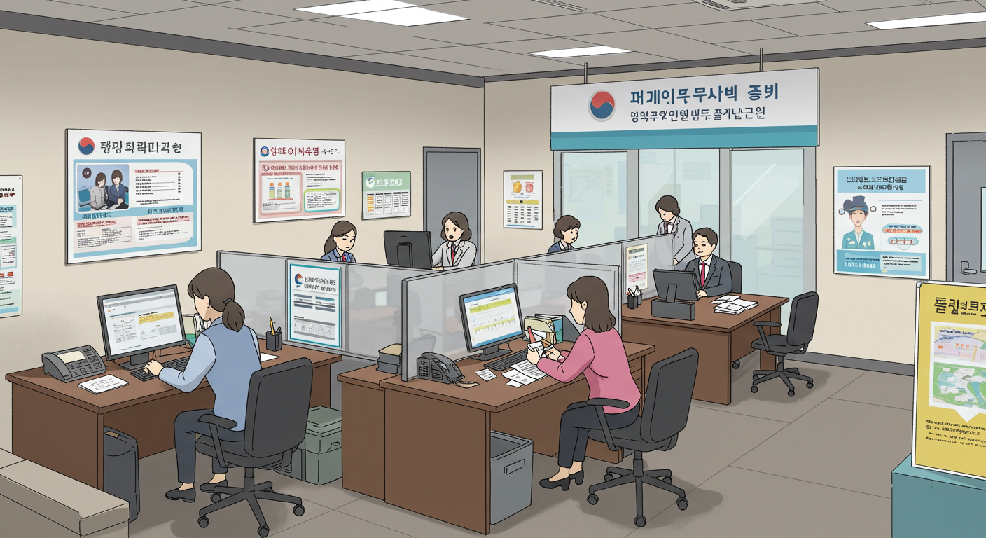 국민연금공단 사무실에서 직원들이 시민들을 돕는 장면