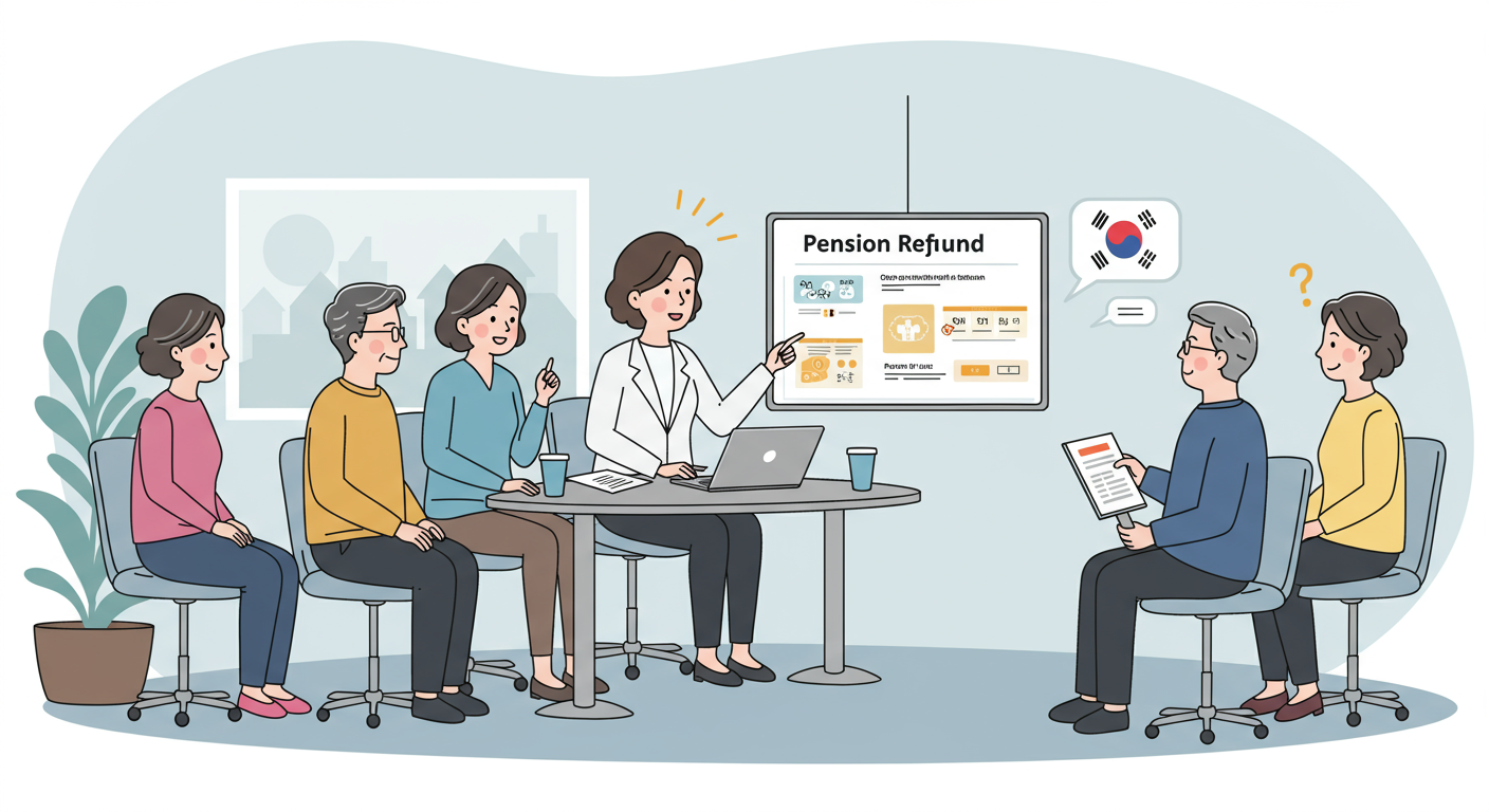 다양한 한국 사람들이 상담실에서 상담사와 함께 연금 환급 가능성을 논의하는 장면