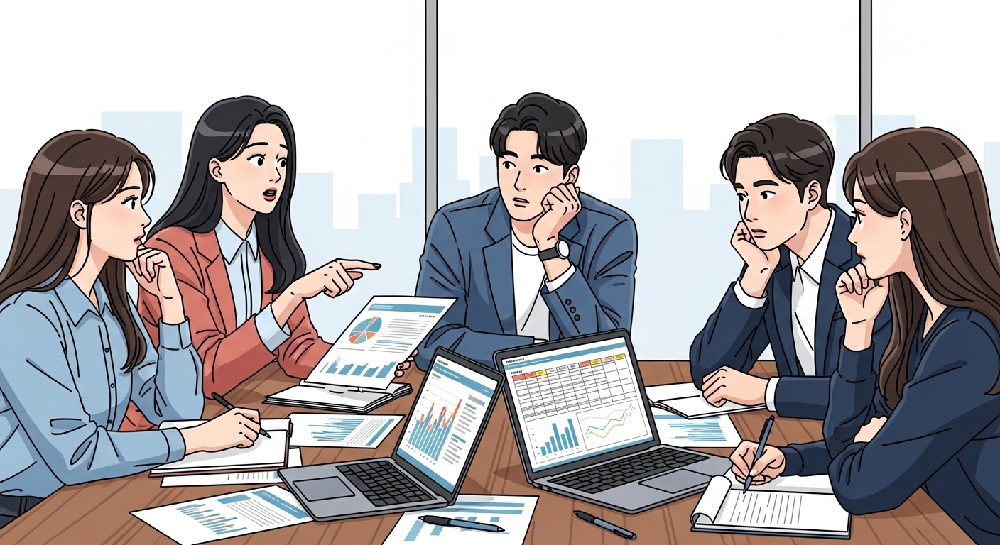 젊은 성인들이 테이블에 모여 금융 계획을 논의하는 모습