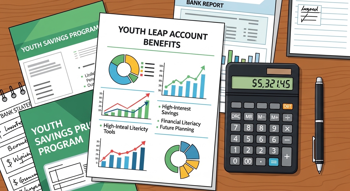 도약계좌의 혜택이 적힌 서류와 계산기가 있는 책상