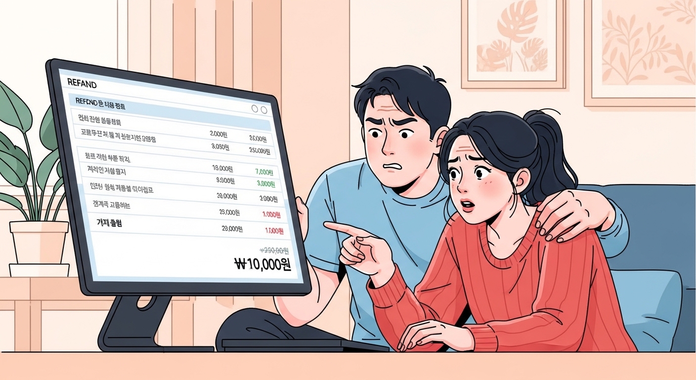 집에서 컴퓨터로 환급금을 검토하는 한국 커플