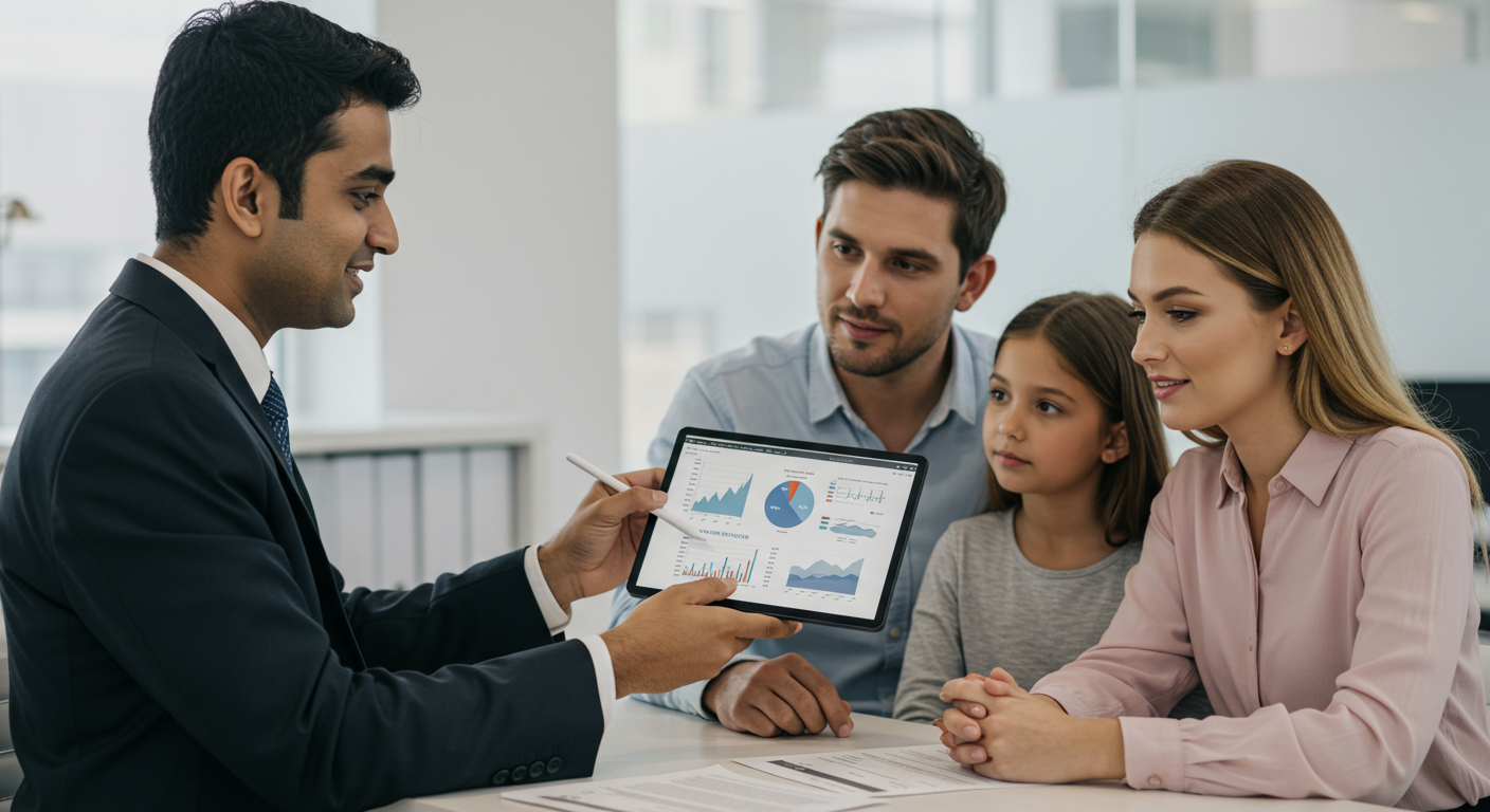 은행 사무실에서 대출 금리에 대해 설명하는 금융 상담사와 가족