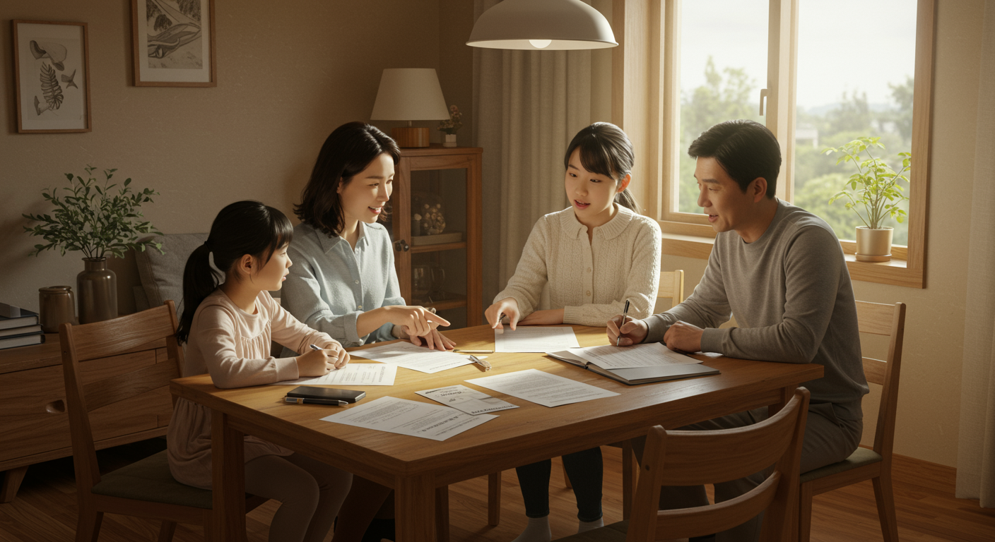 두 아이와 함께 집에서 서류를 검토하며 대출 옵션을 논의하는 가족