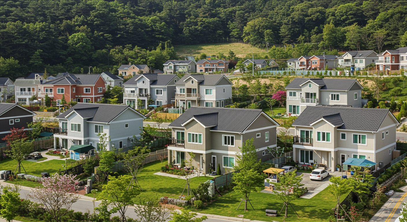 새로 지어진 집과 자연 경관이 어우러진 교외 한국 마을 모습