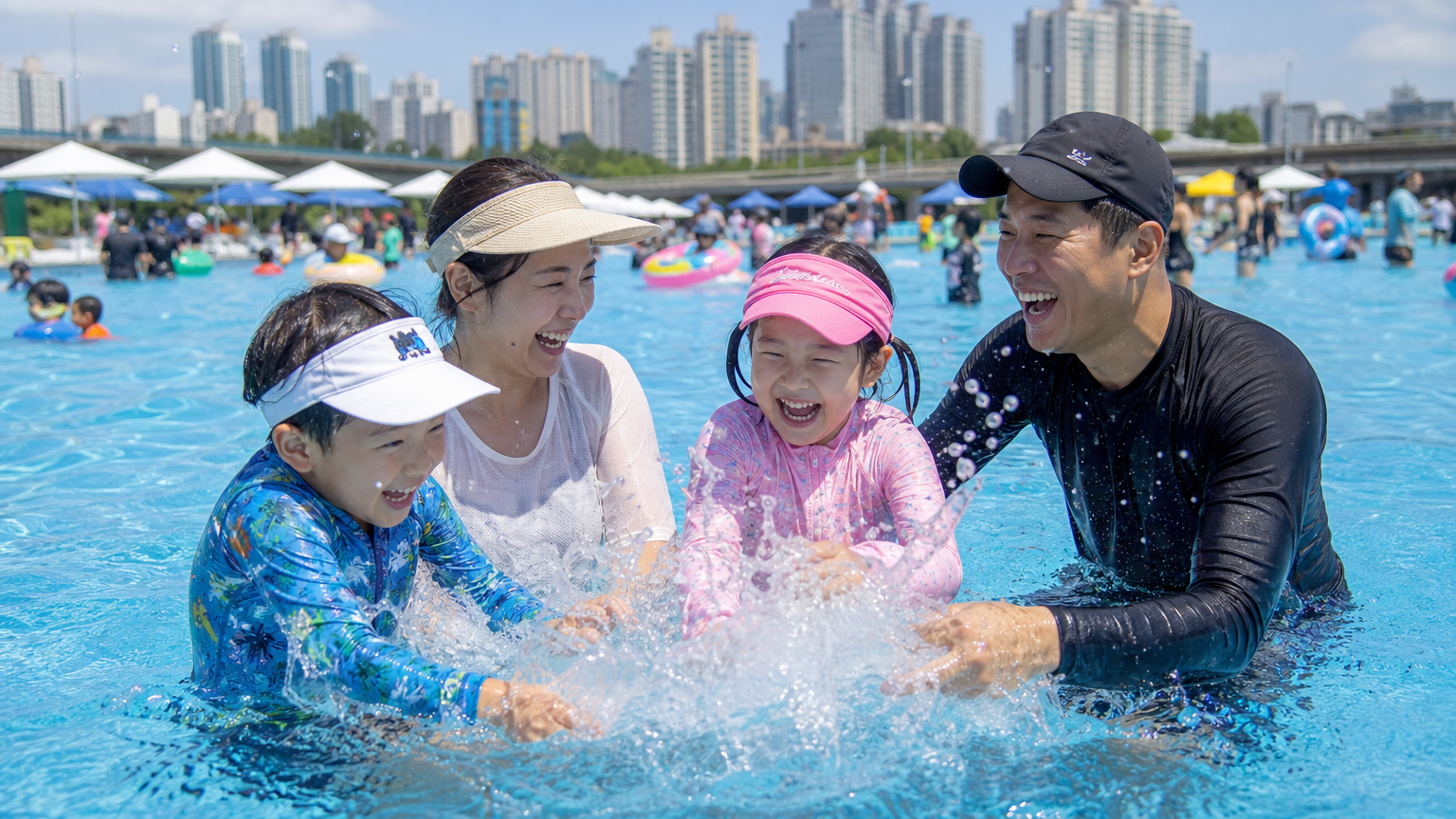 서울 도심의 한강 수영장에서 가족이 즐겁게 물놀이하는 모습