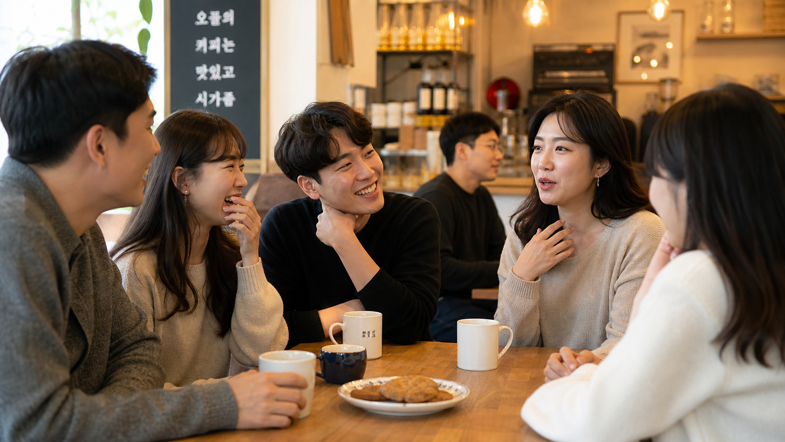 카페에서 다양한 감정을 표현하며 대화를 나누는 현대 한국 성인들