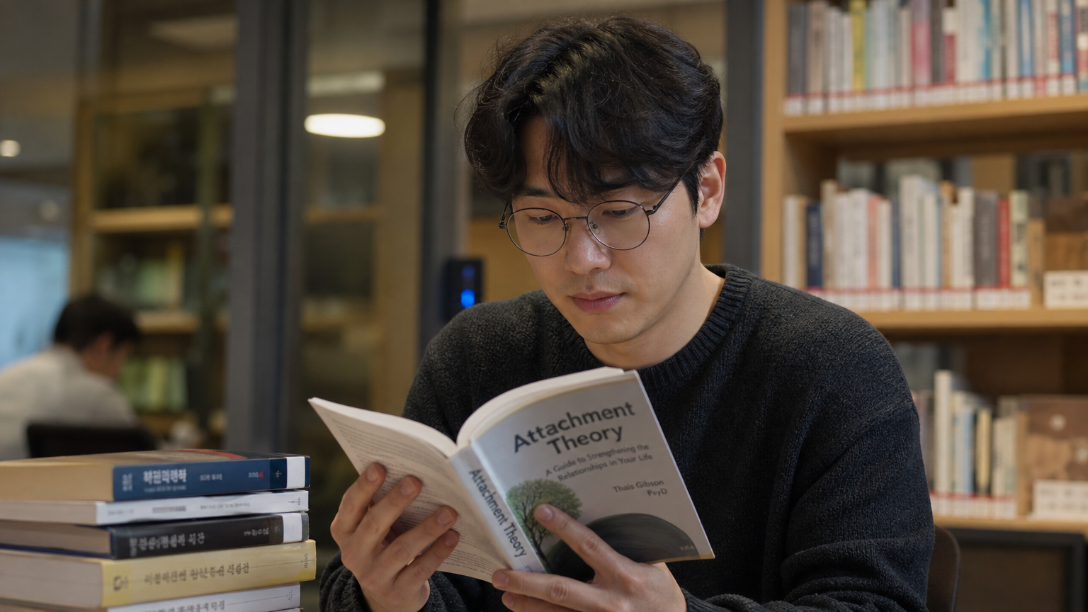 도서관에서 애착 이론에 관한 심리학 서적을 읽고 있는 현대 한국 성인의 모습