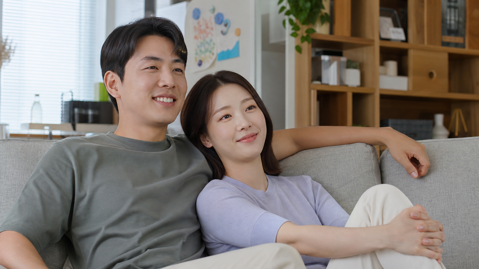 신뢰와 상호 존중을 느끼며 집에서 평온한 시간을 보내는 한국 커플