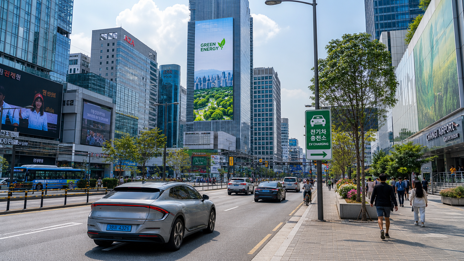 현대적이고 미래지향적인 분위기의 한국 도시 거리와 다양한 전기차들