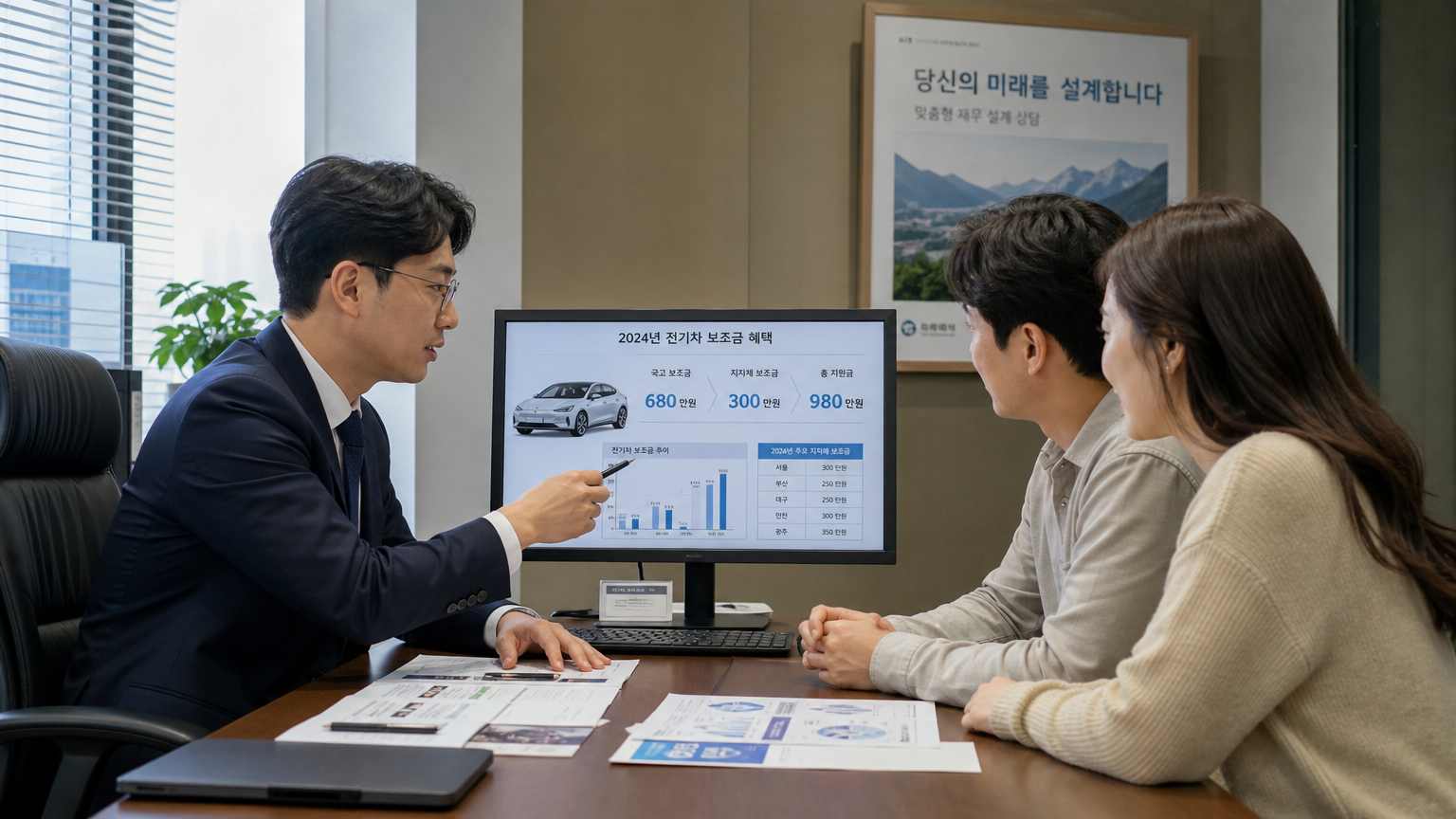 사무실에서 차량 보조금 관련 정보를 상담받고 있는 커플