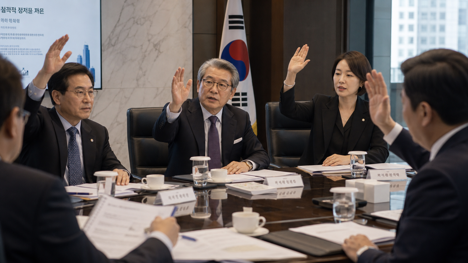 한국의 기업 회의에서 다양한 이사들이 중요한 결정에 대해 토론하고 투표하는 장면