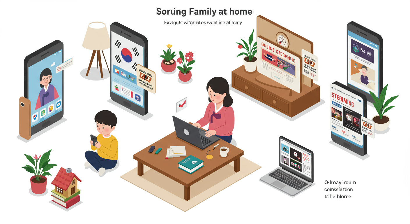 다양한 연령대의 가족이 스마트폰과 노트북으로 디지털 서비스를 이용하는 모습