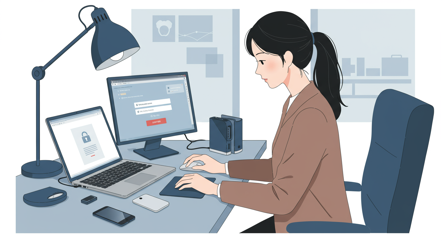 젊은 여성이 문서 발급을 위한 준비를 하고 있는 깔끔한 작업 공간