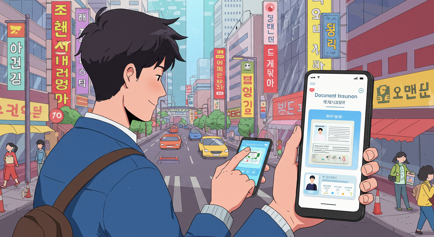 도시 환경에서 스마트폰 앱으로 문서를 발급받고 있는 젊은 남성