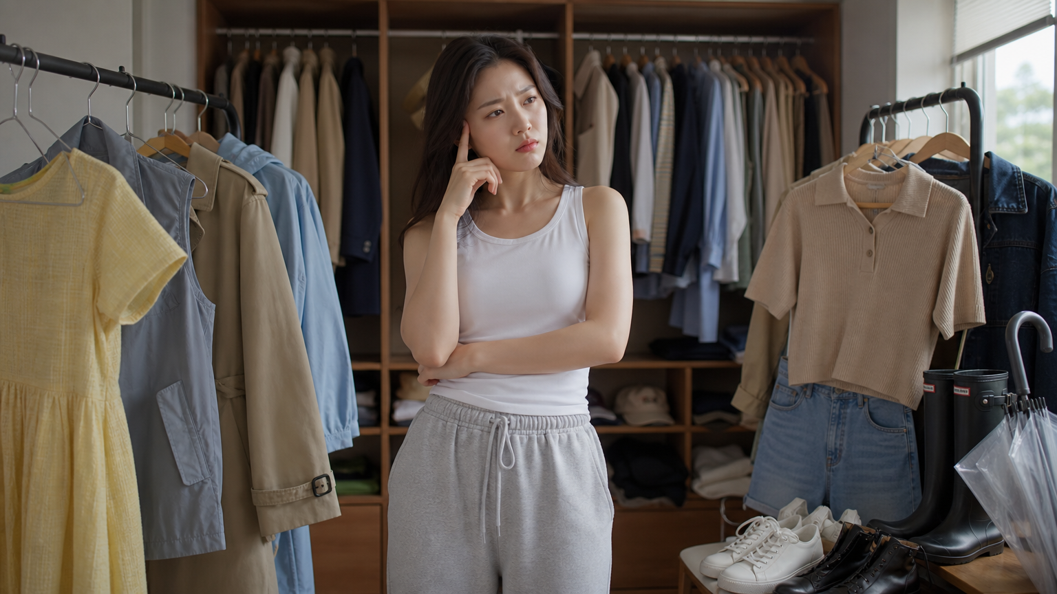 옷장 앞에서 다양한 날씨에 맞는 옷을 고민하는 현대 여성