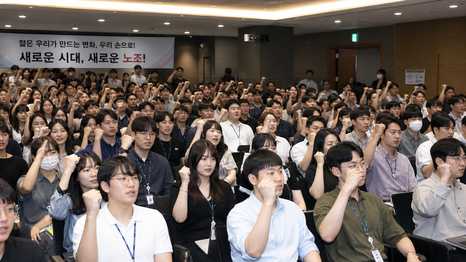 다양한 부서에서 온 젊은 직장인들이 모여있는 대규모 회의장