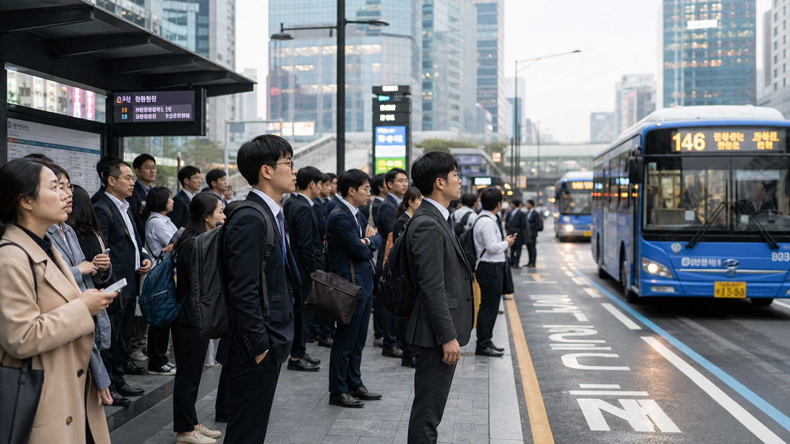아침 러시아워에 붐비는 버스 정류장에서 교통 해결책을 기다리는 직장인들