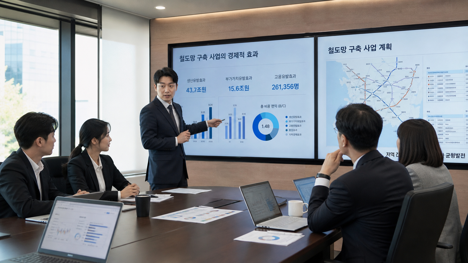 철도 프로젝트의 경제적 이점을 논의하는 비즈니스 회의실의 전문가들