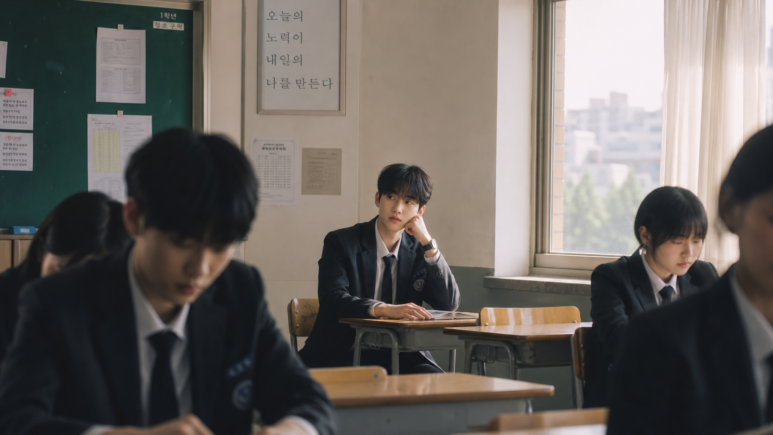 교실 맨 뒤에 앉아 다른 학생들을 조용히 관찰하는 고등학생