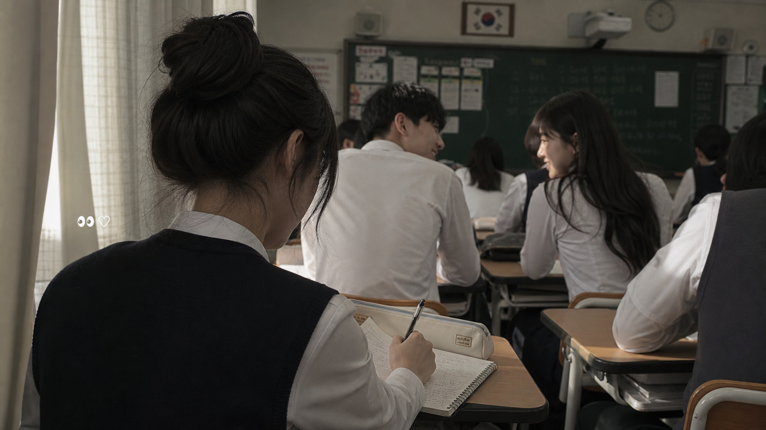 뒷자리에서 노트를 하며 동급생들을 살펴보는 학생