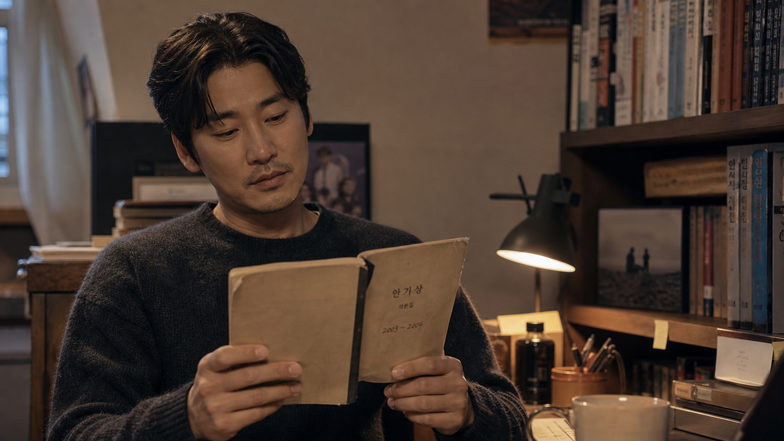 과거를 회상하며 각본집을 들고 있는 아늑한 서재의 배우