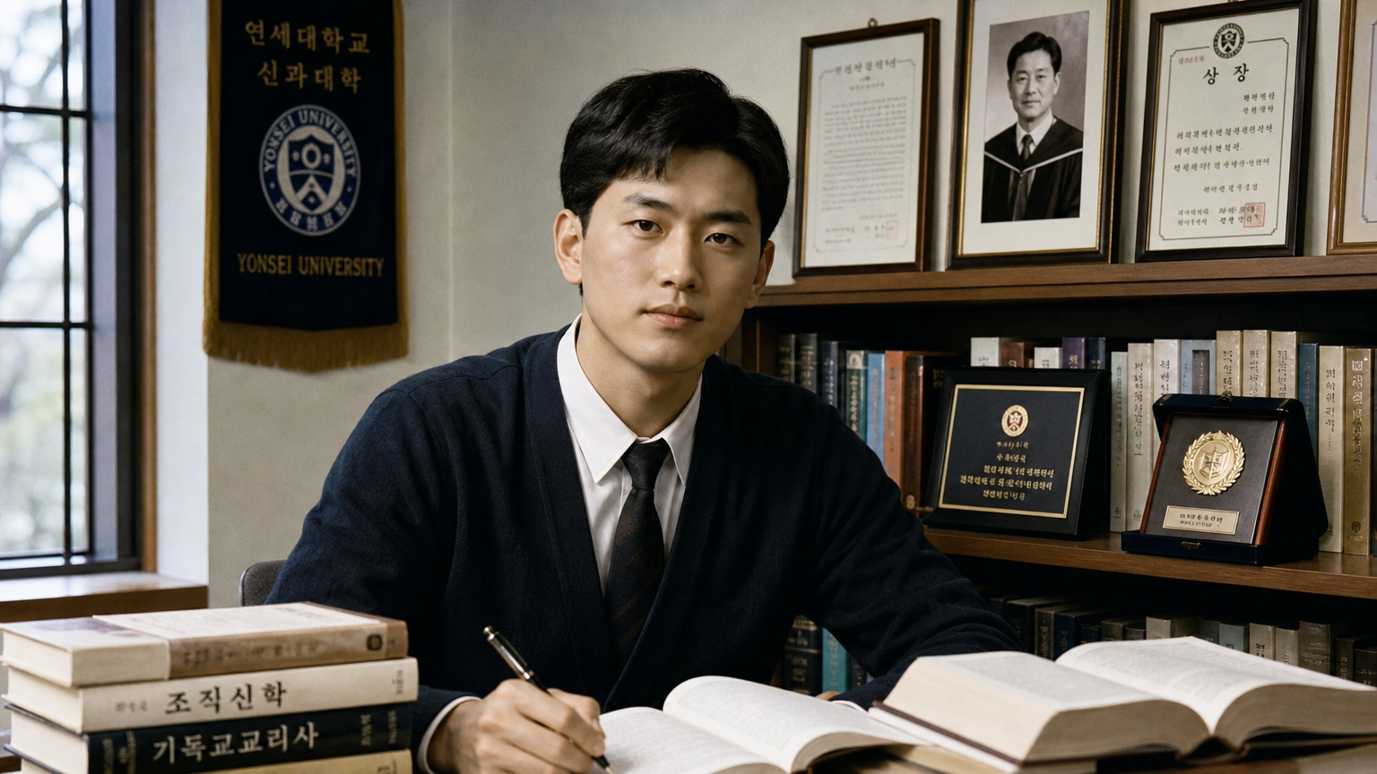 연세대학교 신학과 학생 시절의 젊은 안계상이 종교 서적들 사이에 앉아 있는 모습