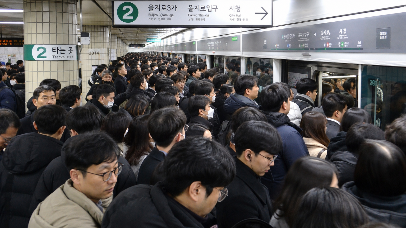 서울 지하철의 혼잡한 출근 시간 모습