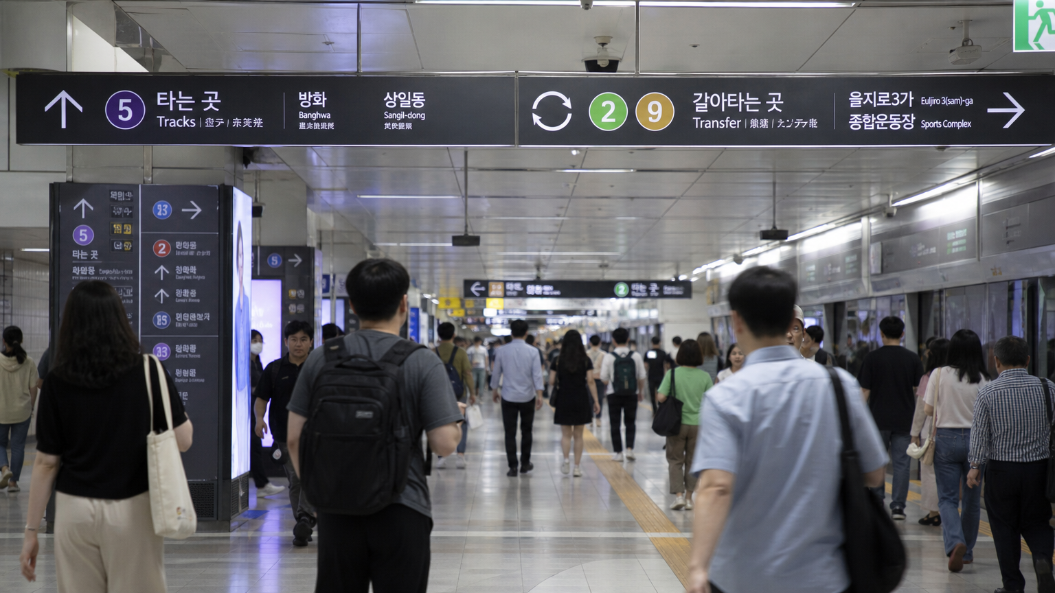 서울 지하철역에서 환승 통로를 따라 효율적으로 이동하는 승객들
