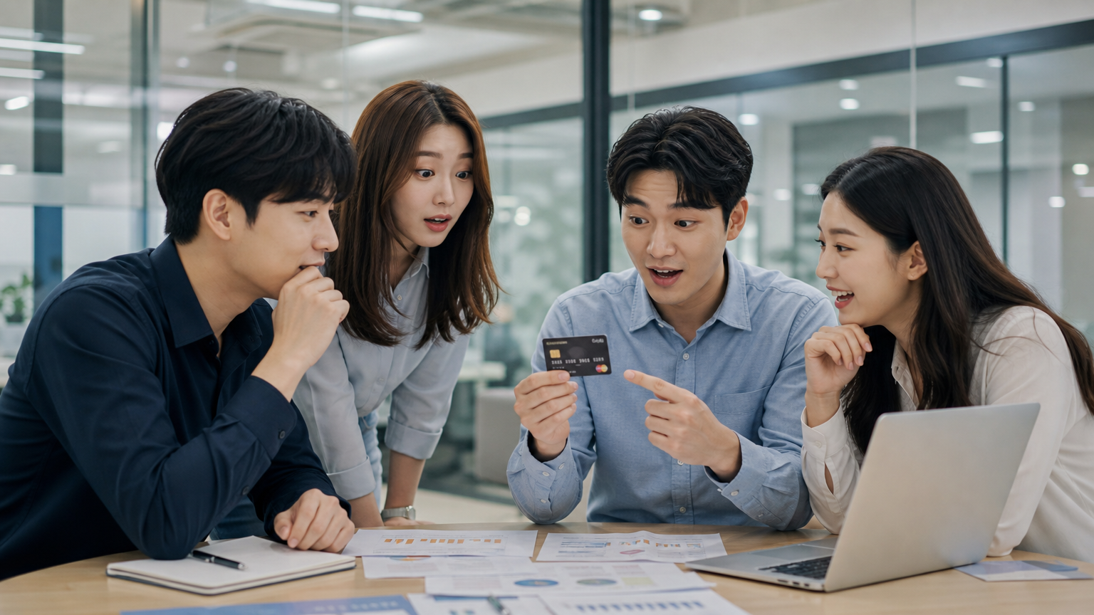 젊은 성인들이 현대식 사무실에서 신용카드 옵션에 대해 토론하는 모습