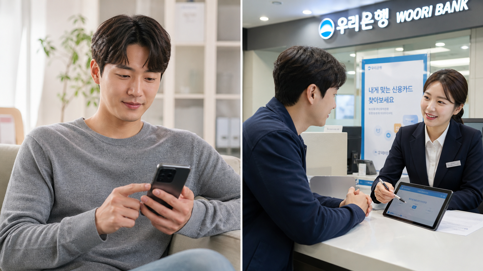 스마트폰으로 온라인 신청과 은행 지점 방문 상담을 동시에 진행하는 고객의 모습