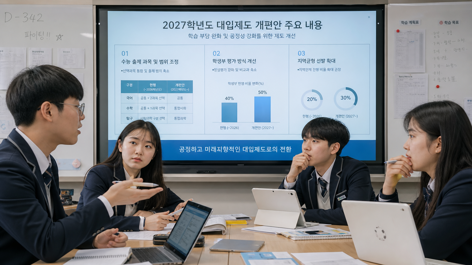 2027년 대학 입시 시스템 변화를 논의하는 한국 고등학생들