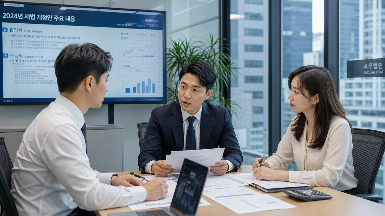 한국 사무실에서 새로운 세법 개정안을 논의하는 직장인들