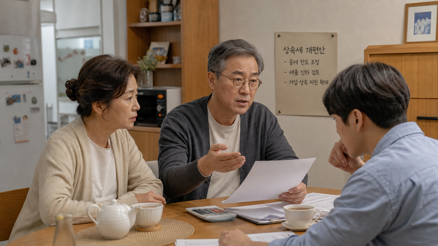 한국 중산층 가족이 집에서 상속세 공제 변경에 대해 차를 마시며 대화하는 모습