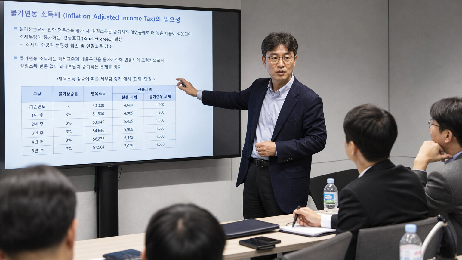 한국 경제학자가 회의실에서 전문가들에게 물가연동 소득세에 대해 발표하는 장면