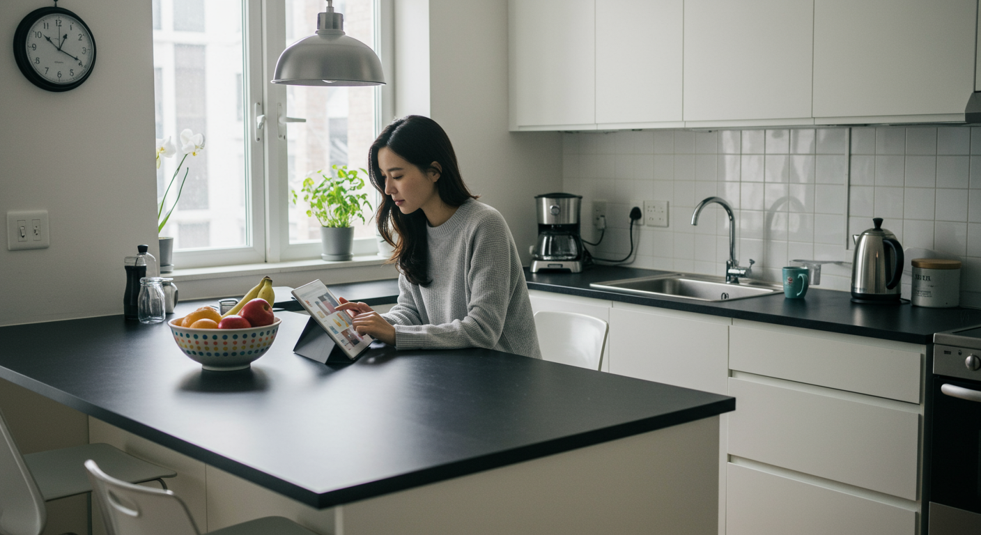 현대적 아파트 주방에서 태블릿으로 생활 팁 블로그를 읽고 있는 여성의 모습