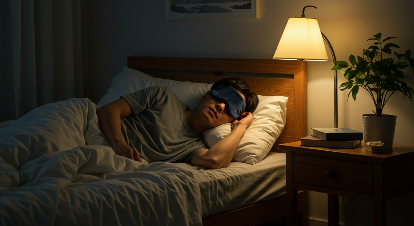어두운 침실에서 수면 안대를 착용하고 평화롭게 잠든 남성