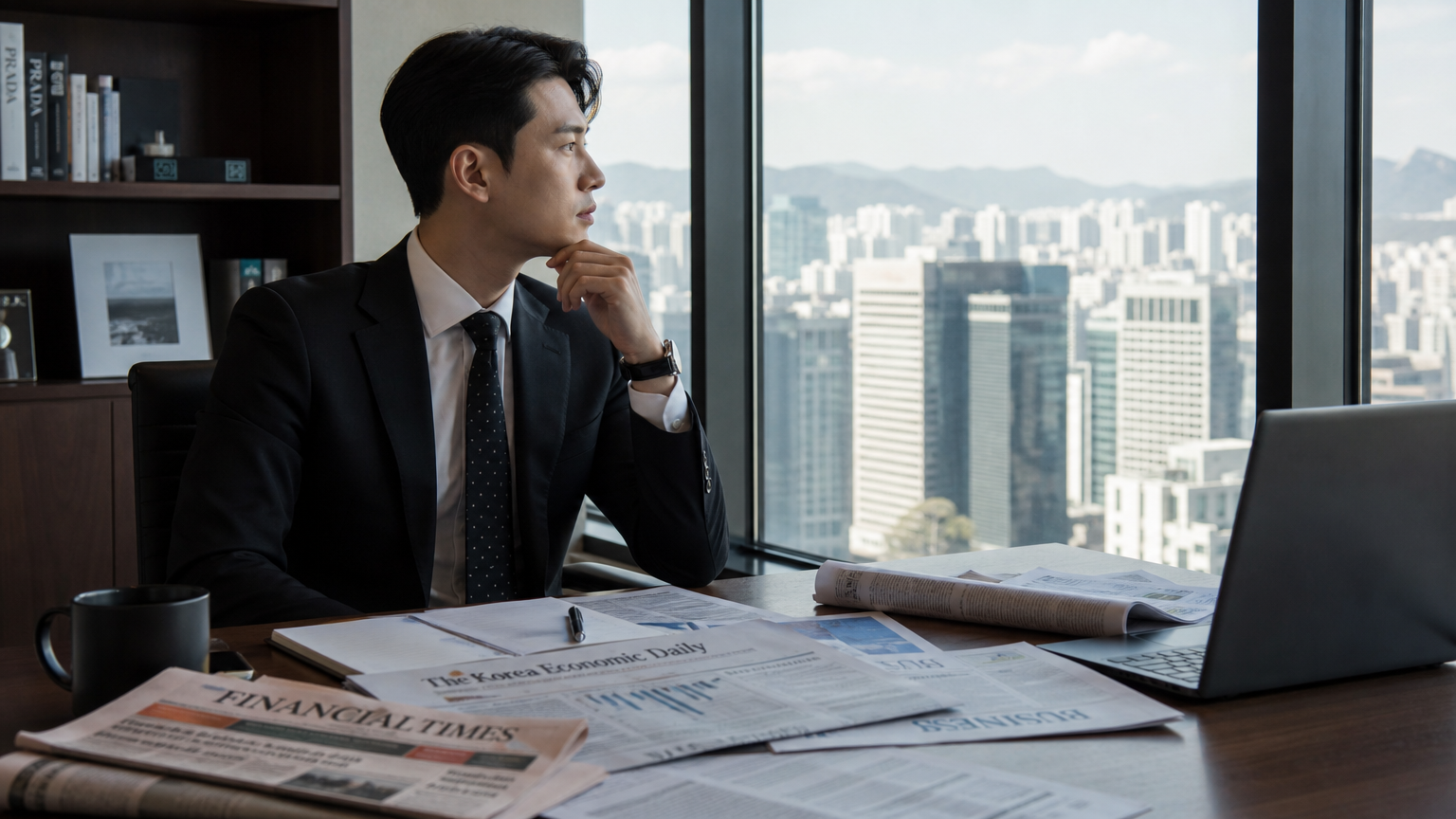 경제 신문이 놓인 책상 앞에서 창밖을 바라보는 남성의 모습