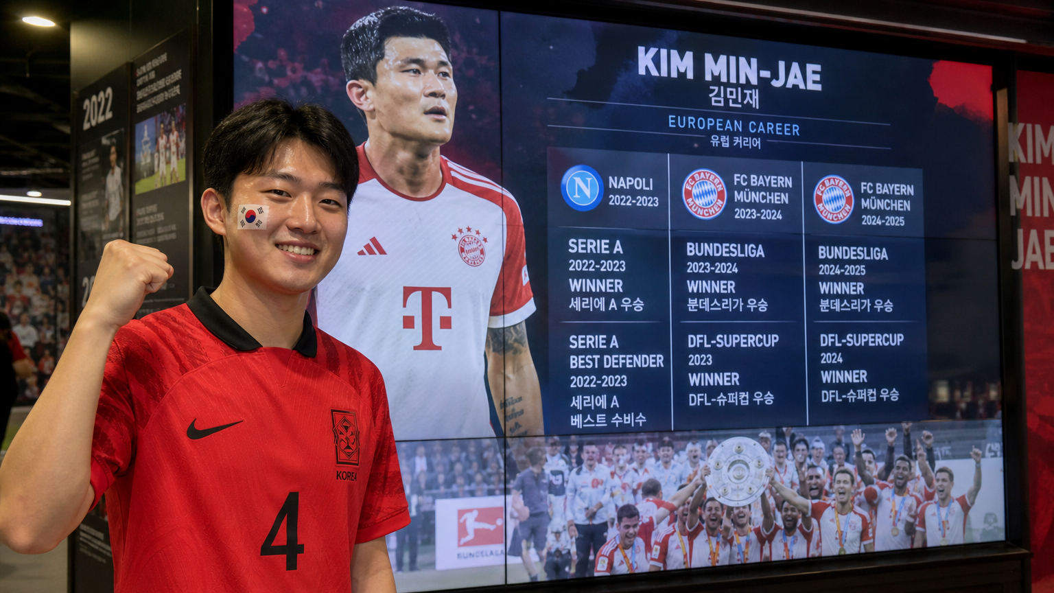 붉은 유니폼을 입고 대형 스크린 앞에 서 있는 자랑스러운 축구 팬