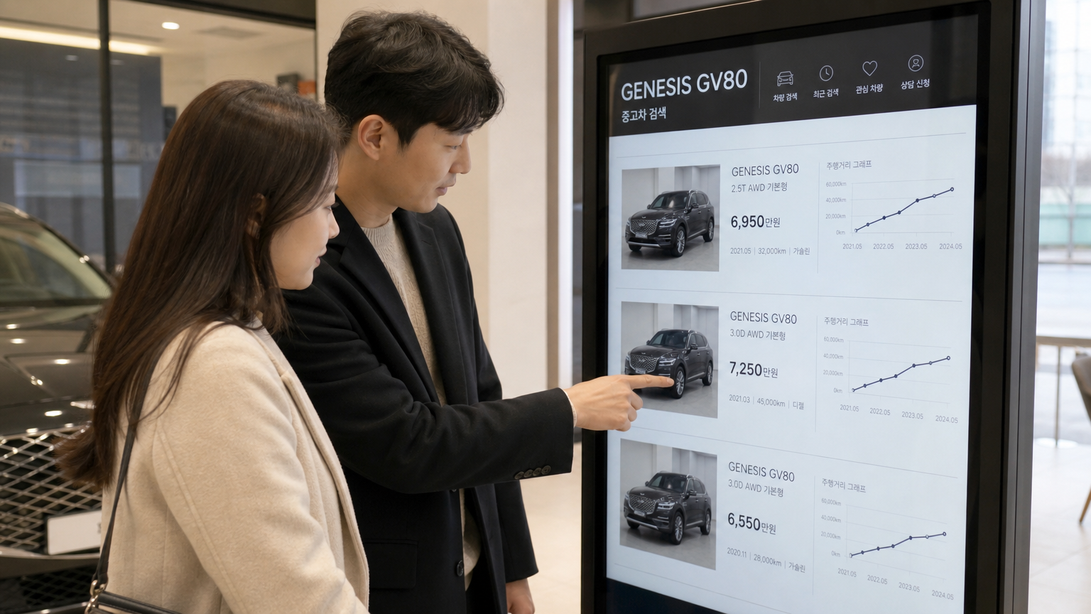 딜러샵의 디지털 키오스크에서 다양한 제네시스 GV80 차량의 주행거리 차트를 검토하는 한국인 커플